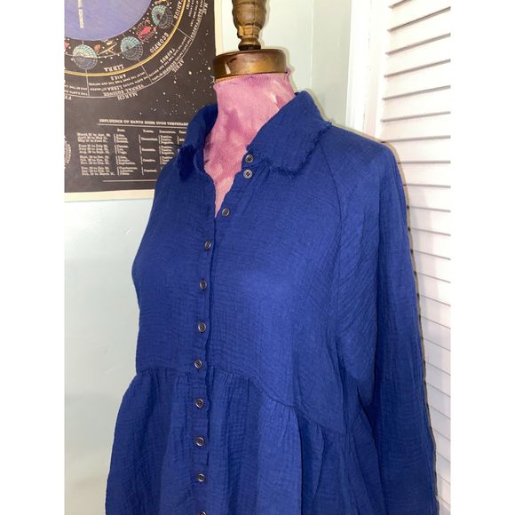 NWT Zenana Navy Blue Raw Edge Button-Up Babydoll Tunic - Large - Picture 4 of 7